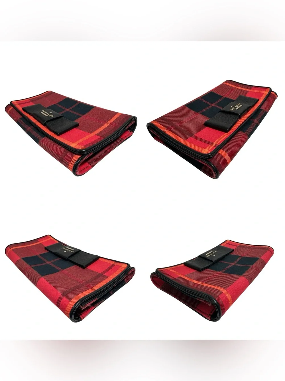Kate Spade Red Plaid Canvas & Black Leather Bow Flap Clutch Mini Bag on Chain